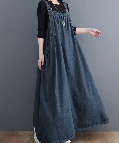 Doux Belle(ドゥーベル)の「フレアデニムジャンパースカート(ジャンパースカート・レディース・ライトブルー/ブラック/ブルー/グリーン/カーキ/ベージュ/ブラック系その他・FREE)」の8枚目の写真