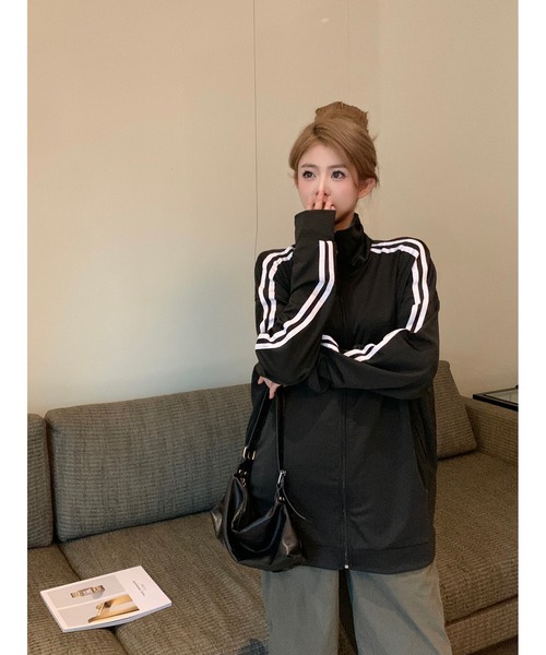 DEVICE（デバイス）の「ハイネック ダブルライン シンプル トラックジャケット ジャージ Y2K（ジャージ・レディース・ブルー/ブラック・FREE）」の13枚目の写真