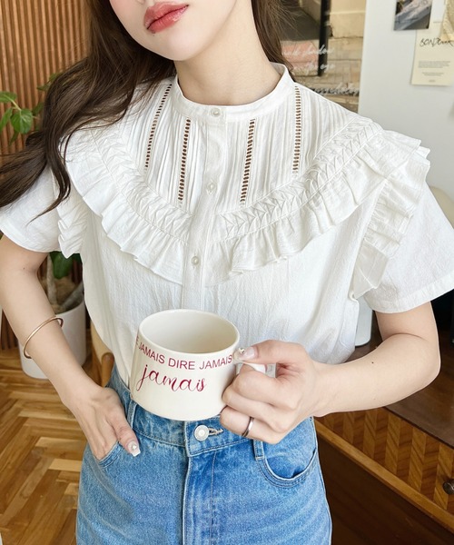 moment+（モーメントプラス）の「コットンワッシャー半袖フリルピンタックブラウス（シャツ/ブラウス・レディース・ナチュラル/オフホワイト/ブラック・M）」の12枚目の写真