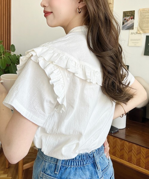 moment+（モーメントプラス）の「コットンワッシャー半袖フリルピンタックブラウス（シャツ/ブラウス・レディース・ナチュラル/オフホワイト/ブラック・M）」の13枚目の写真