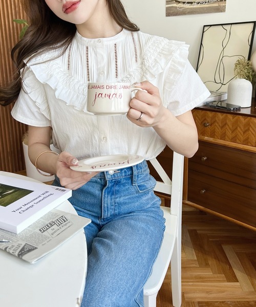 moment+（モーメントプラス）の「コットンワッシャー半袖フリルピンタックブラウス（シャツ/ブラウス・レディース・ナチュラル/オフホワイト/ブラック・M）」の11枚目の写真