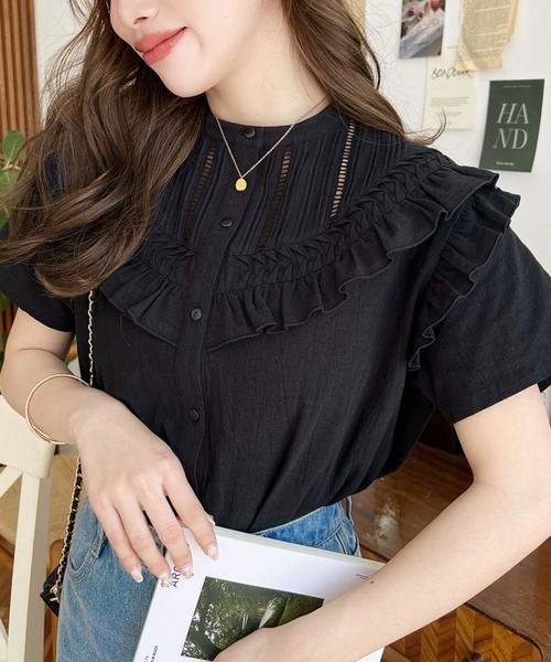 moment+（モーメントプラス）の「コットンワッシャー半袖フリルピンタックブラウス（シャツ/ブラウス・レディース・ナチュラル/オフホワイト/ブラック・M）」の15枚目の写真