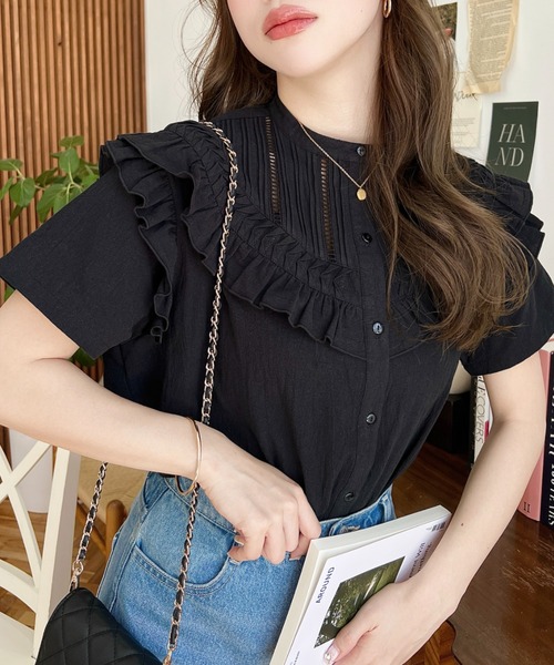 moment+（モーメントプラス）の「コットンワッシャー半袖フリルピンタックブラウス（シャツ/ブラウス・レディース・ナチュラル/オフホワイト/ブラック・M）」の16枚目の写真