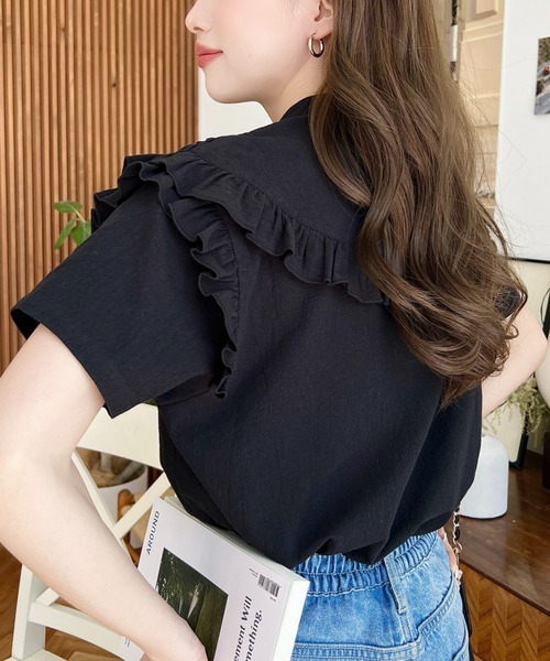 moment+（モーメントプラス）の「コットンワッシャー半袖フリルピンタックブラウス（シャツ/ブラウス・レディース・ナチュラル/オフホワイト/ブラック・M）」の17枚目の写真