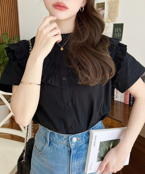 moment+（モーメントプラス）の「コットンワッシャー半袖フリルピンタックブラウス（シャツ/ブラウス・レディース・ナチュラル/オフホワイト/ブラック・M）」の18枚目の写真