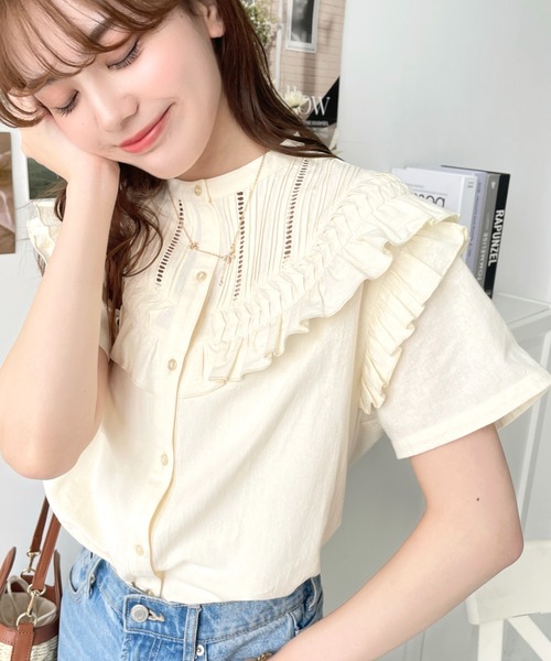 moment+（モーメントプラス）の「コットンワッシャー半袖フリルピンタックブラウス（シャツ/ブラウス・レディース・ナチュラル/オフホワイト/ブラック・M）」の20枚目の写真