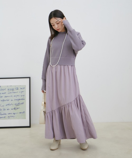 VIS（ビス）の「ドルマンニットドッキングワンピース（ワンピース・レディース・ダークラベンダー/ベージュ/ブルー系その他・FREE）」の4枚目の写真
