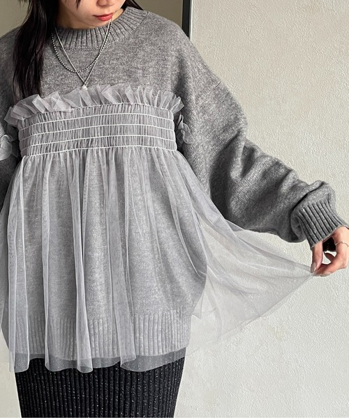 Thevon（ゼボン）の「チュールドッキングニットプルオーバー（ニット/セーター・レディース・ブラック/グレー/イエロー/アイボリー・FREE）」の7枚目の写真