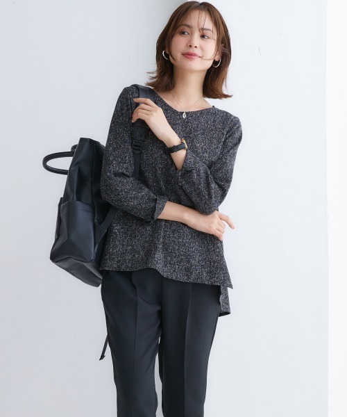 シャツ ブラウス レディース ペプラム セットアップ ツイード調ペプラム ＋タックテーパード パンツ S/M/L/LL ニッセン nissen ペプラムブラウスセットアップ（ツイード調ペプラムブラウス＋