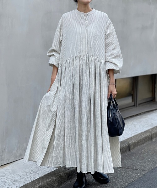 ビアズリー ストライプギャザーチュニック ゆったり フレア 極美品 ワンピース BEARDSLEY（ビアズリー）の「ストライプギャザーワンピース