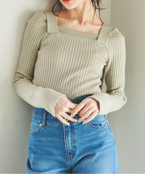 31 Sons de mode（トランテアン　ソン　ドゥ　モード）の「肩ベルトリブニット（ニット/セーター・レディース・オフホワイト/ライトグリーン/ブラック・36）」の3枚目の写真