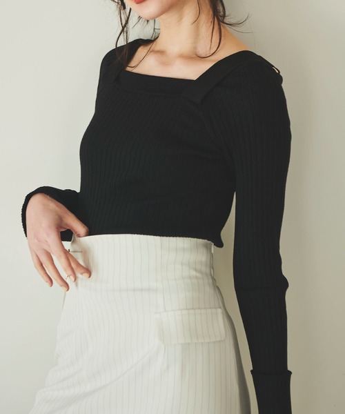 31 Sons de mode（トランテアン　ソン　ドゥ　モード）の「肩ベルトリブニット（ニット/セーター・レディース・オフホワイト/ライトグリーン/ブラック・36）」の2枚目の写真
