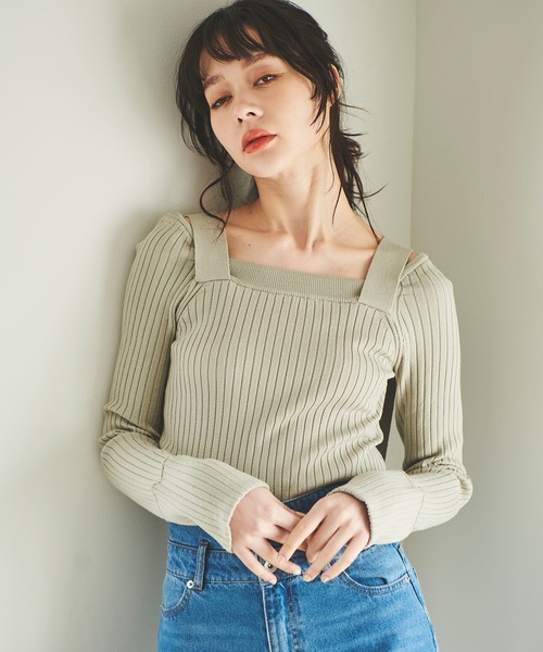 31 Sons de mode（トランテアン　ソン　ドゥ　モード）の「肩ベルトリブニット（ニット/セーター・レディース・オフホワイト/ライトグリーン/ブラック・36）」の6枚目の写真
