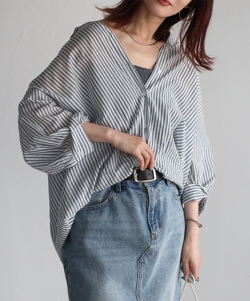 Fizz(フィズ)の「【Fizz/フィズ】 コットンボイル ストライプスキッパーブラウス(シャツ/ブラウス・レディース・ホワイト×ブルー/ネイビー×ホワイト/ホワイト×ネイビー・M)」の1枚目の写真