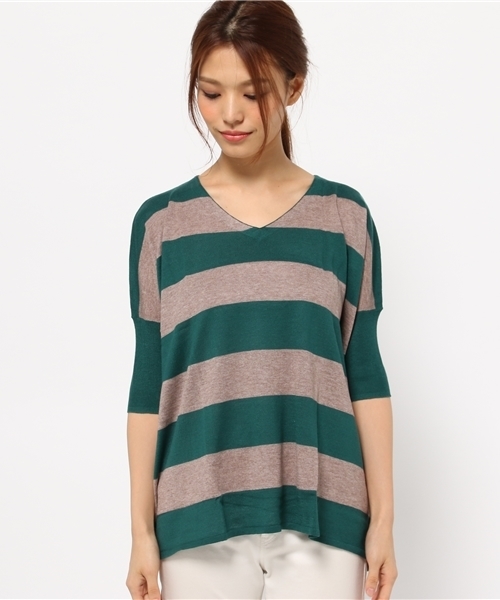 LBC(エルビーシー)の「12GアクリルコットンボーダーVプルオーバー(ニット/セーター・レディース・オフホワイト/グリーン/アッシュグレー・MEDIUM)」の3枚目の写真