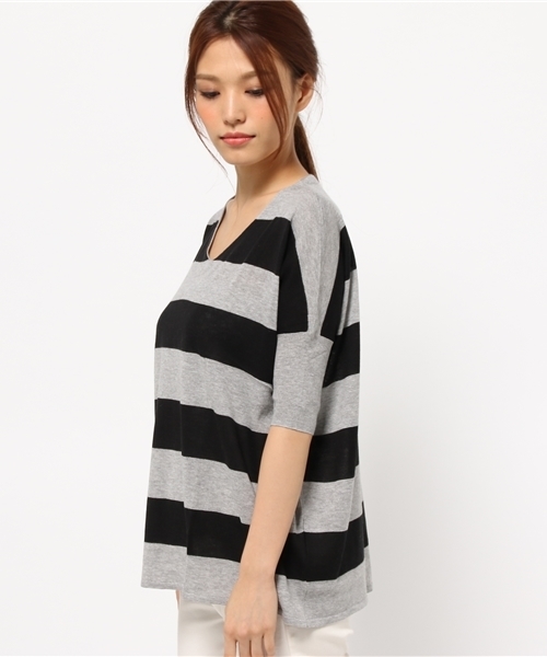 LBC(エルビーシー)の「12GアクリルコットンボーダーVプルオーバー(ニット/セーター・レディース・オフホワイト/グリーン/アッシュグレー・MEDIUM)」の4枚目の写真