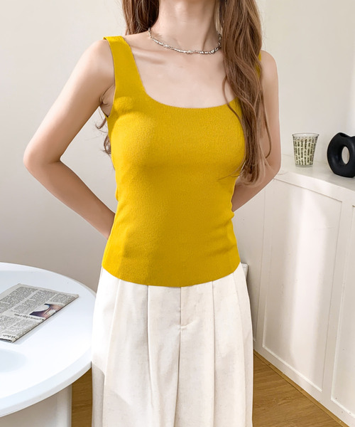 BANNER SELECT(バナーセレクト)の「スクエアネックリブタンクトップス(Tシャツ/カットソー・レディース・ピンク/イエロー/ブルー/グリーン/ホワイト/ブラック/ベージュ・FREE)」の10枚目の写真