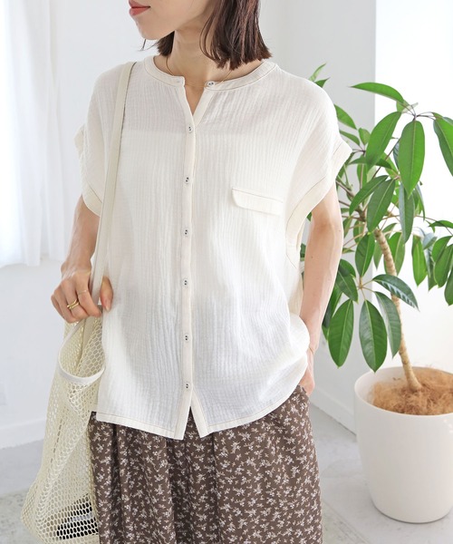 Crisp（クリスプ）の「バイカラーステッチダブルガーゼブラウス（シャツ/ブラウス・レディース・ピンク/イエロー/アイボリー・FREE）」の8枚目の写真