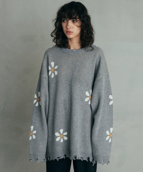 Revo. ヴィンテージディテール ダメージ加工 フラワージャガード ルーズニット プルオーバー（ニット/セーター）｜Revo.（レボ）