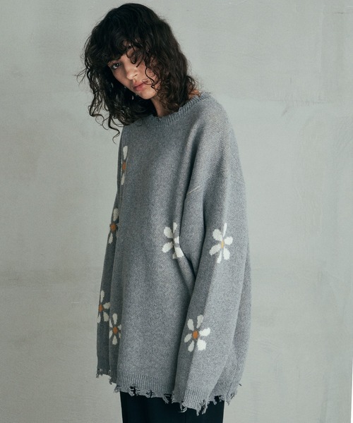 Revo. ヴィンテージディテール ダメージ加工 フラワージャガード ルーズニット プルオーバー（ニット/セーター）｜Revo.（レボ）