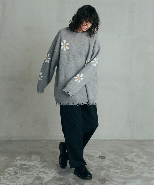 Revo. ヴィンテージディテール ダメージ加工 フラワージャガード ルーズニット プルオーバー（ニット/セーター）｜Revo.（レボ）
