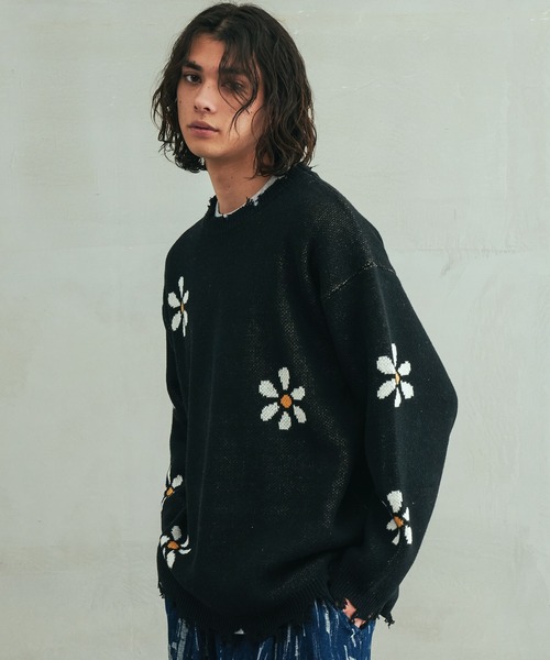 Revo. ヴィンテージディテール ダメージ加工 フラワージャガード ルーズニット プルオーバー（ニット/セーター）｜Revo.（レボ）
