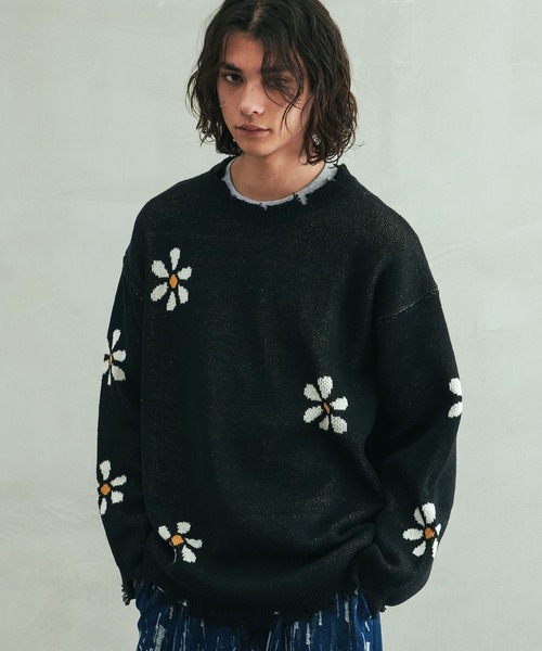 Revo. ヴィンテージディテール ダメージ加工 フラワージャガード ルーズニット プルオーバー（ニット/セーター）｜Revo.（レボ）