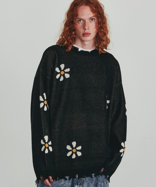 Revo. ヴィンテージディテール ダメージ加工 フラワージャガード ルーズニット プルオーバー（ニット/セーター）｜Revo.（レボ）