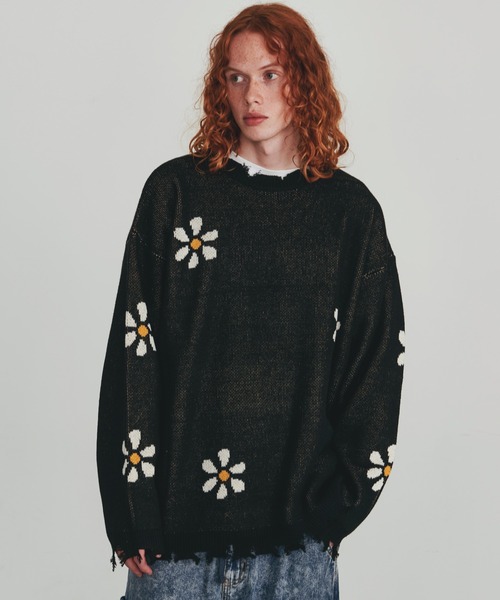 Revo. ヴィンテージディテール ダメージ加工 フラワージャガード ルーズニット プルオーバー（ニット/セーター）｜Revo.（レボ）
