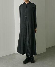ネイビー 長袖 プリーツワンピース 美品】プリーツプリーズ ネイビー 23AW 横プリーツ ワンピース