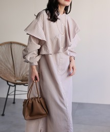 ap retro | ラッフルフリルバンドカラーワンピース / ストライプ シャツワンピース(シャツワンピース)