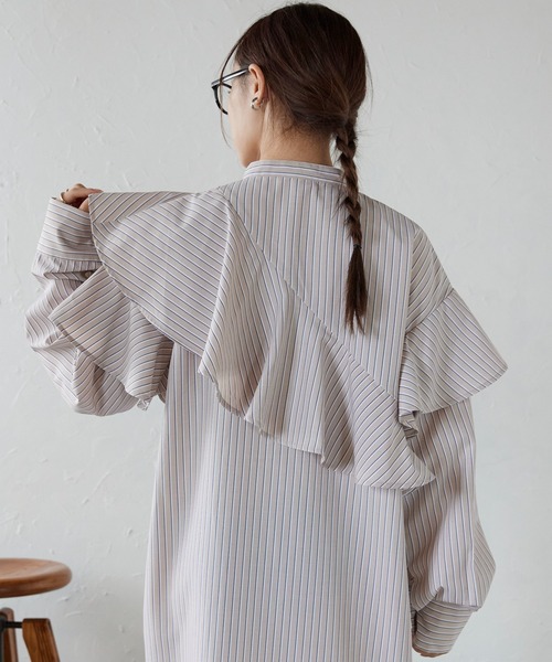 【ROKSANDA】ノーカラー ラッフル ストライプ OXシャツワンピース ▶︎【ROKSANDA】ノーカラー ラッフル ストライプ OXシャツ