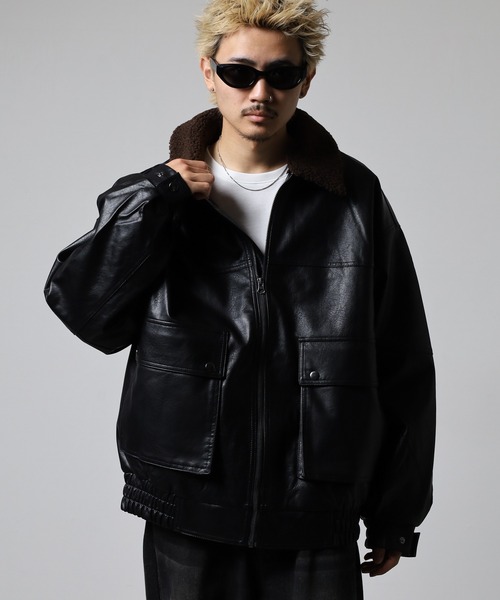 SUGGESTION(サジェッション)の「Fake leather blouson with boa collar / ボア衿脱着 G1 PUレザーブルゾン unisex(ブルゾン・メンズ・ブラック/ブラウン・M/L)」の20枚目の写真
