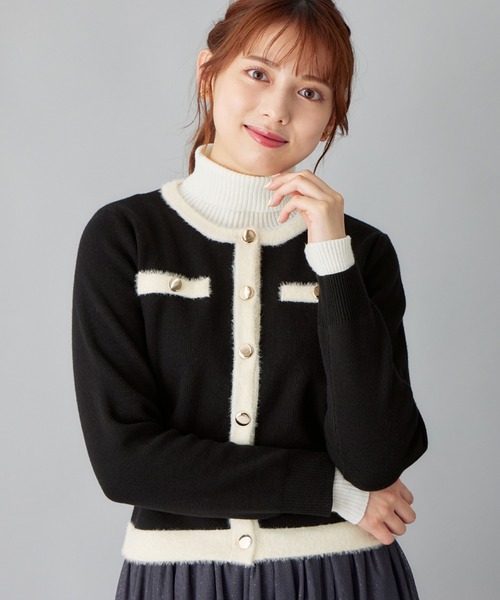 alotta(アロッタ)の「もっちりタッチフェザー配色ニットカーデ(カーディガン/ボレロ・レディース・ブラック/ライトブルー・M/LL/L)」の1枚目の写真