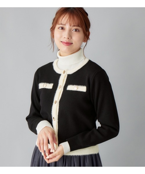 alotta(アロッタ)の「もっちりタッチフェザー配色ニットカーデ(カーディガン/ボレロ・レディース・ブラック/ライトブルー・M/LL/L)」の3枚目の写真