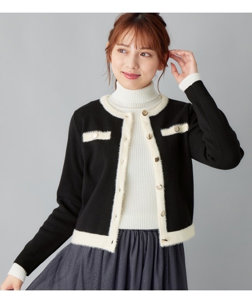 alotta(アロッタ)の「もっちりタッチフェザー配色ニットカーデ(カーディガン/ボレロ・レディース・ブラック/ライトブルー・M/LL/L)」の6枚目の写真