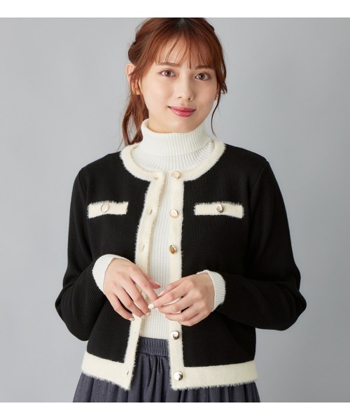 alotta(アロッタ)の「もっちりタッチフェザー配色ニットカーデ(カーディガン/ボレロ・レディース・ブラック/ライトブルー・M/LL/L)」の7枚目の写真