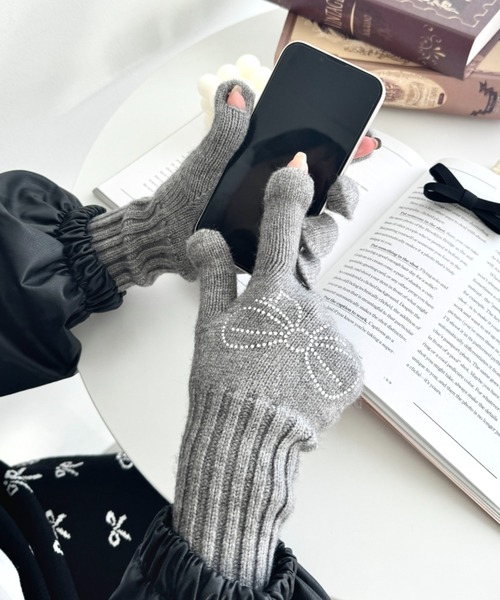 リボン付きグレー長手袋 セール】リボン付きスマホ対応手袋（手袋）｜cuorequal（クオレ