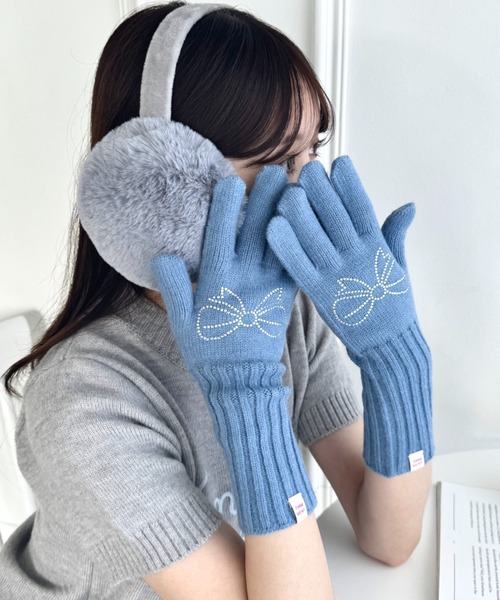 リボン付きグレー長手袋 セール】【スマホ対応】ラインストーンリボンロンググローブ