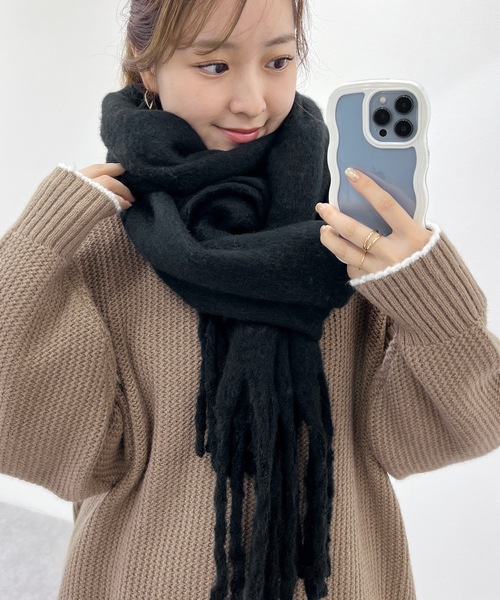 セール】ソリッドカラー シンプル ニット フリンジ マフラー（マフラー