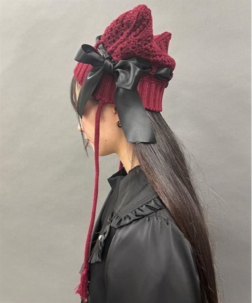 axes femme POETIQUE（アクシーズファムポエティック）の「サテンリボン猫耳ニット帽（ニットキャップ/ビーニー・レディース・ホワイト/ワイン/ブラック・FREE）」の4枚目の写真