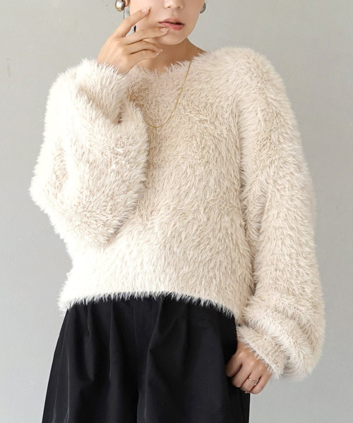 MIMIMEMETE（ミミメメット）の「DOUGHY SHAGGY KNIT［Vネックプルオーバー］（ニット/セーター・レディース・アイボリー/サックスブルー/レッド/ブラック・フリー）」の3枚目の写真