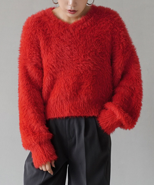 MIMIMEMETE（ミミメメット）の「DOUGHY SHAGGY KNIT［Vネックプルオーバー］（ニット/セーター・レディース・アイボリー/サックスブルー/レッド/ブラック・フリー）」の4枚目の写真