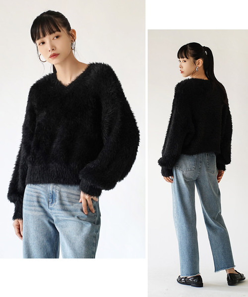 MIMIMEMETE（ミミメメット）の「DOUGHY SHAGGY KNIT［Vネックプルオーバー］（ニット/セーター・レディース・アイボリー/サックスブルー/レッド/ブラック・フリー）」の6枚目の写真