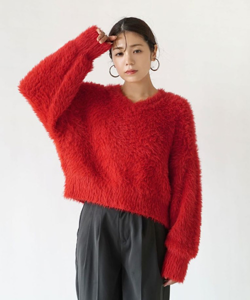 MIMIMEMETE（ミミメメット）の「DOUGHY SHAGGY KNIT［Vネックプルオーバー］（ニット/セーター・レディース・アイボリー/サックスブルー/レッド/ブラック・フリー）」の20枚目の写真