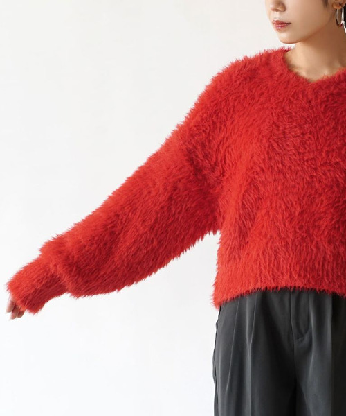 MIMIMEMETE（ミミメメット）の「DOUGHY SHAGGY KNIT［Vネックプルオーバー］（ニット/セーター・レディース・アイボリー/サックスブルー/レッド/ブラック・フリー）」の13枚目の写真