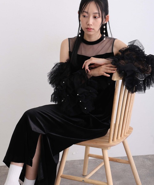 結婚式パーティードレスデタッチドスリーブ袖あり&ミモレ丈お呼ばれ