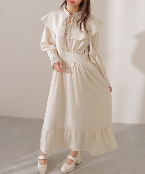 Lace Ladies（レースレディース）の「ビッグカラー ウエスト ギャザー  フリル マキシ ワンピース（ワンピース・レディース・グリーン/アイボリー/ブラック・S/FREE）」の14枚目の写真