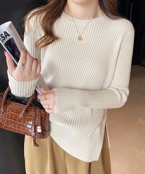 Miniministore(ミニミニストア)の「リブニットトップス 長袖リブカットソー(ニット/セーター・レディース・オレンジ/ダークグレー/ライトベージュ/キャメル/ライトブルー/ブラック/ライトグレー/ホワイト/ブラウン・FREE)」の6枚目の写真