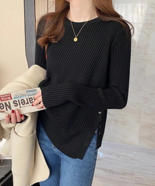 Miniministore(ミニミニストア)の「リブニットトップス 長袖リブカットソー(ニット/セーター・レディース・オレンジ/ダークグレー/ライトベージュ/キャメル/ライトブルー/ブラック/ライトグレー/ホワイト/ブラウン・FREE)」の3枚目の写真